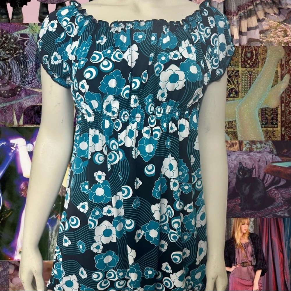 Floral Blue and White Floral Black Babydoll Style Top